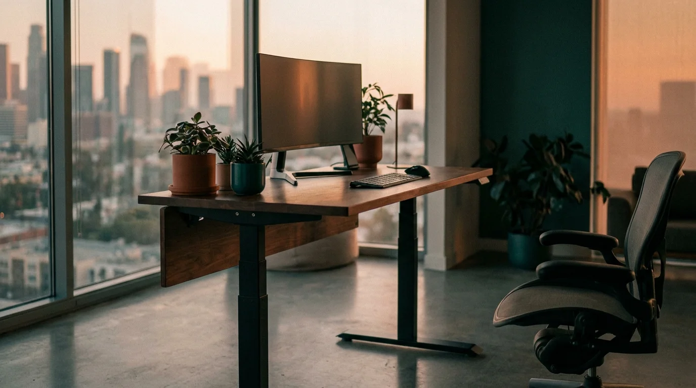 A height-adjustable standing desk in a bright home office